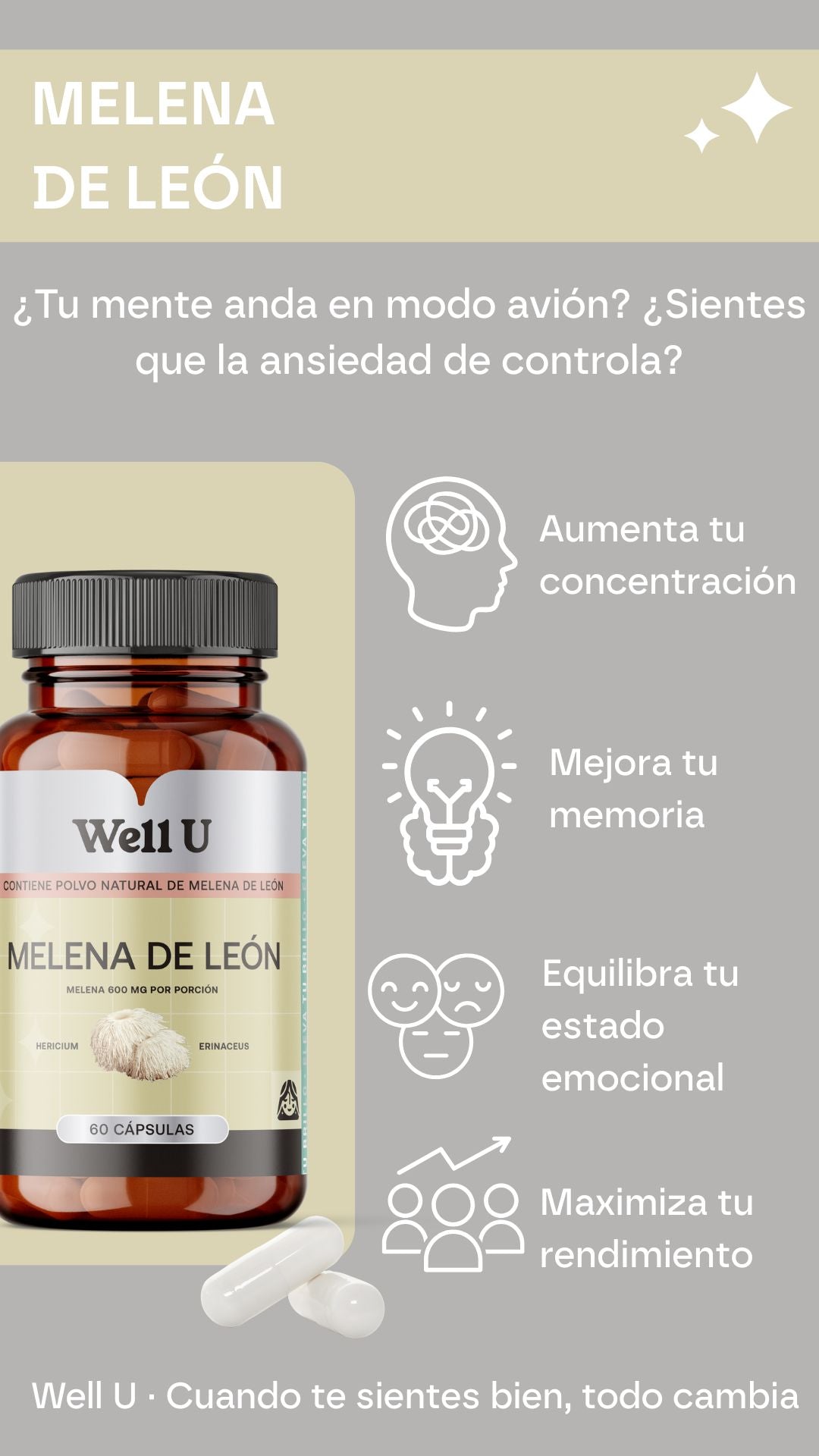 CÁPSULAS - MELENA DE LEÓN 600 mg 600 mg Extracto Hericium erinaceus | Hongo Funcional en Cápsula Vegetal