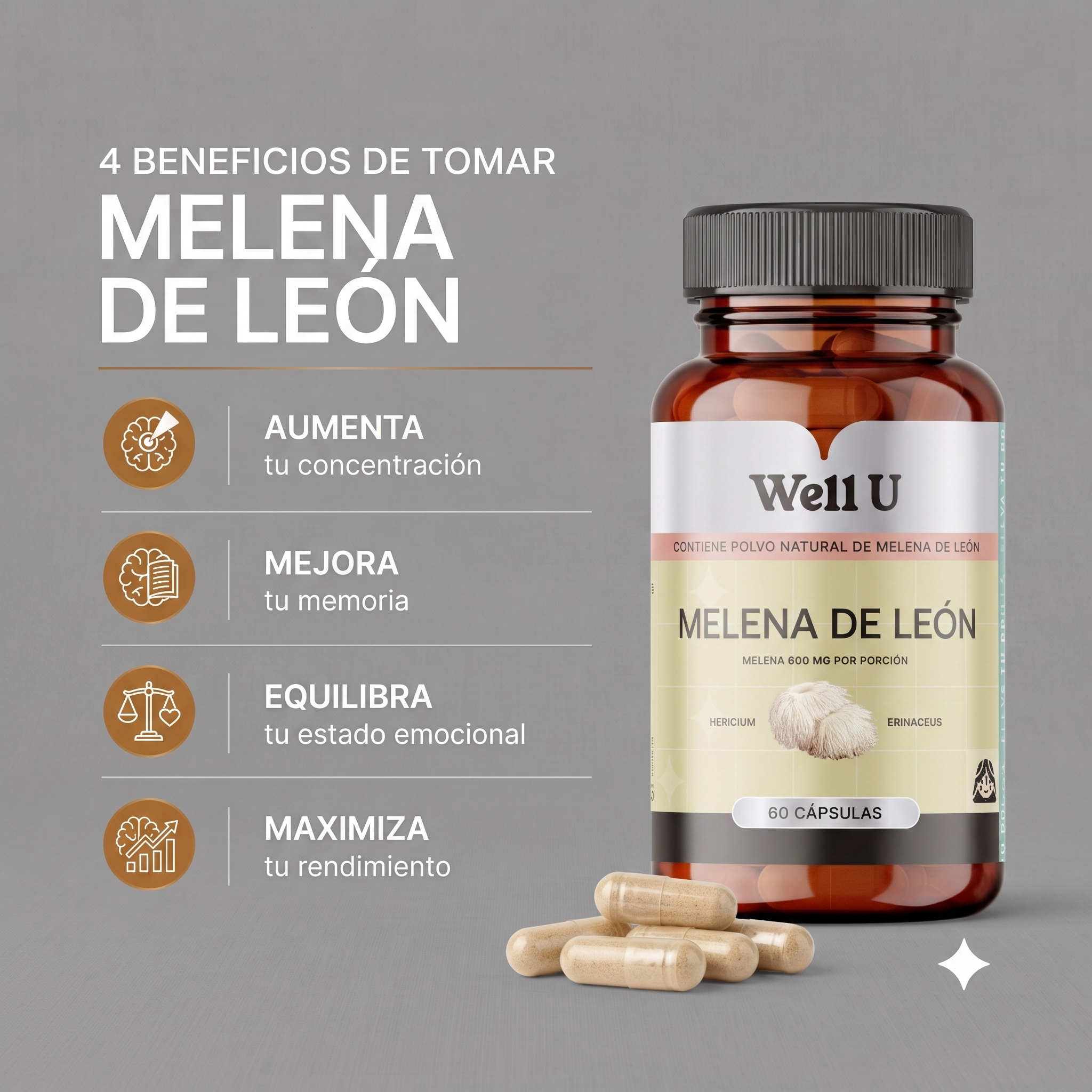 CÁPSULAS - MELENA DE LEÓN 600 mg 600 mg Extracto Hericium erinaceus | Hongo Funcional en Cápsula Vegetal