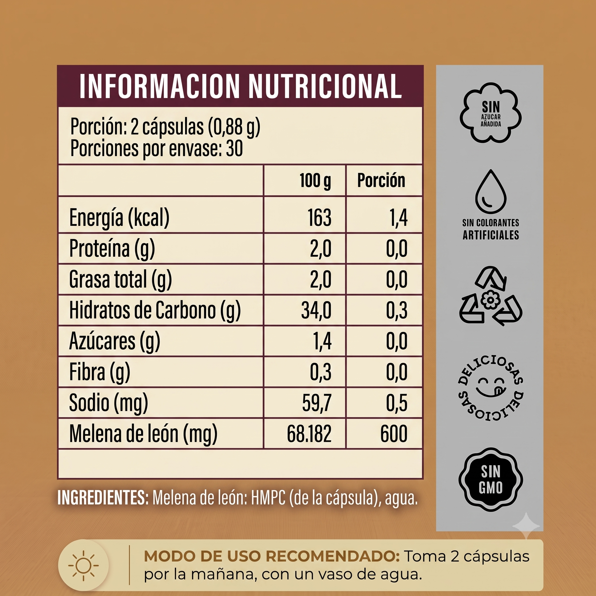 CÁPSULAS - MELENA DE LEÓN 600 mg 600 mg Extracto Hericium erinaceus | Hongo Funcional en Cápsula Vegetal