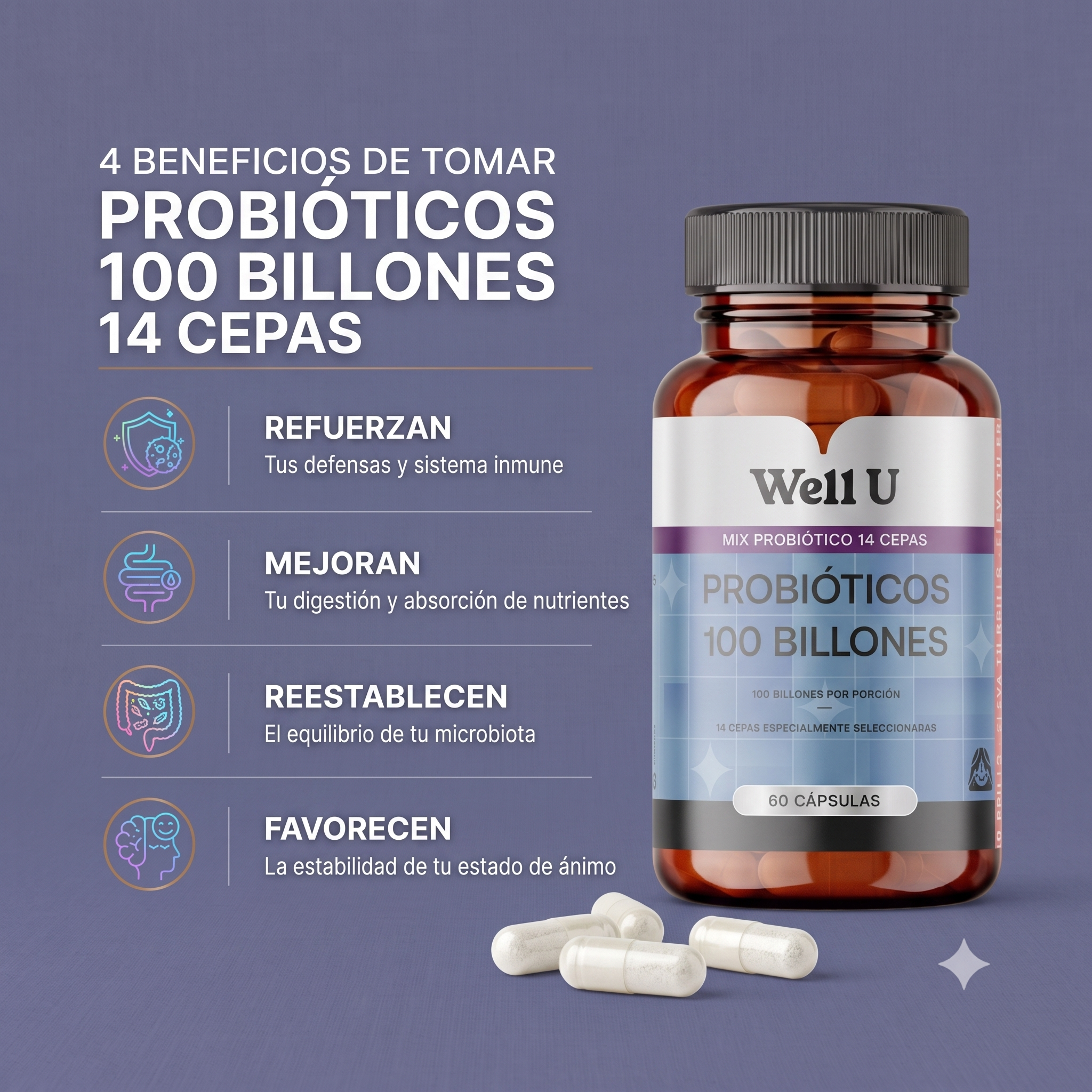 CÁPSULAS - PROBIÓTICOS 100 BILLONES | 14 Cepas Vivas + Inulina Prebiótica | Cápsula Vegetal