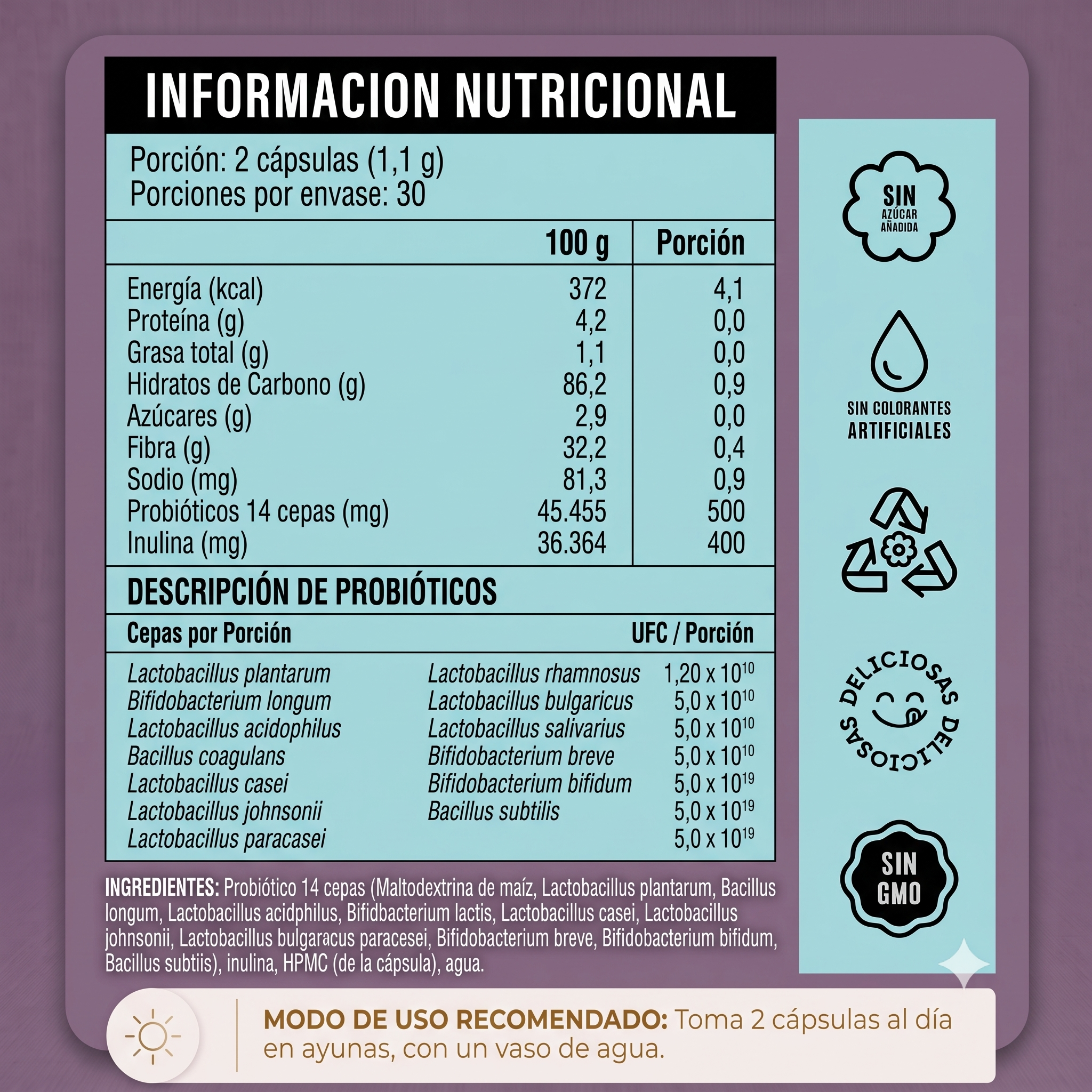 CÁPSULAS - PROBIÓTICOS 100 BILLONES | 14 Cepas Vivas + Inulina Prebiótica | Cápsula Vegetal