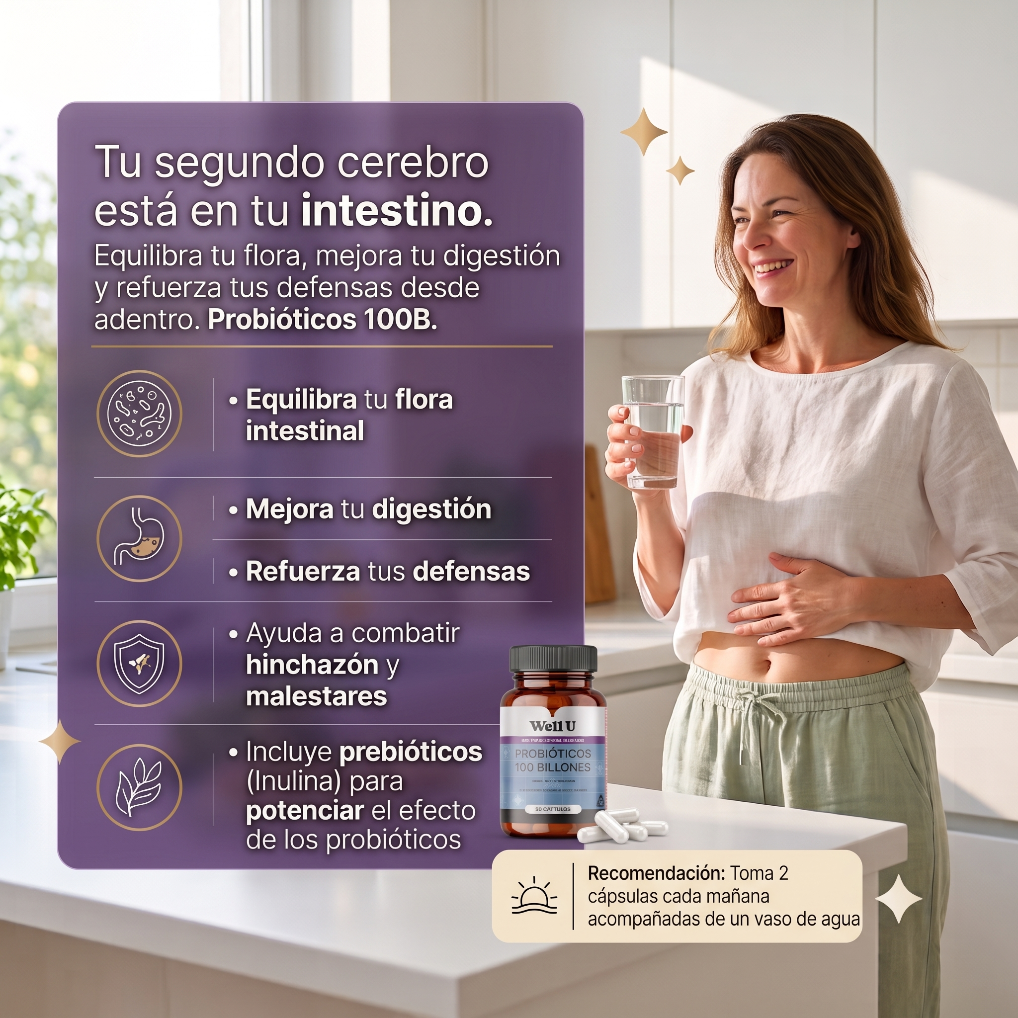CÁPSULAS - PROBIÓTICOS 100 BILLONES | 14 Cepas Vivas + Inulina Prebiótica | Cápsula Vegetal