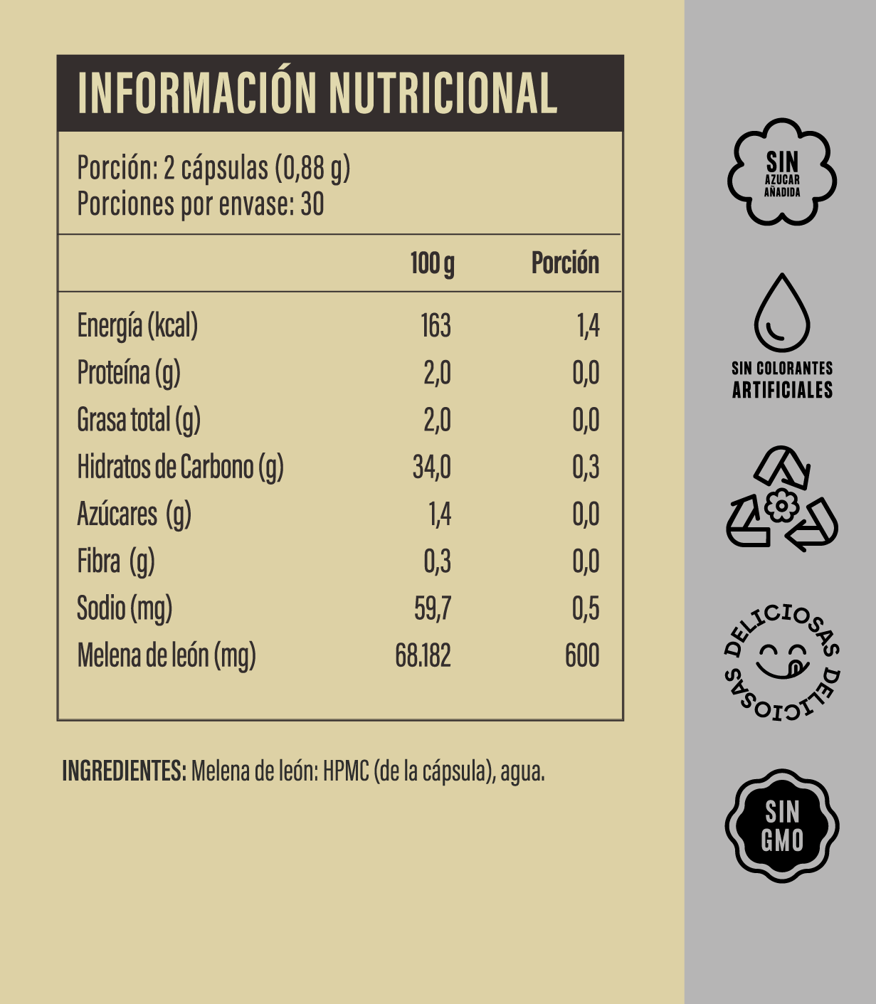 CÁPSULAS - MELENA DE LEÓN 600 mg 600 mg Extracto Hericium erinaceus | Hongo Funcional en Cápsula Vegetal